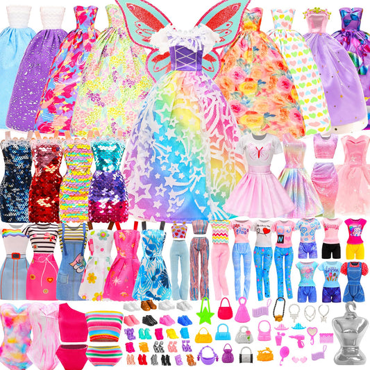 Miunana 110+ clothing for dolls Doll clothing Fashion dresses Tops Blouse Pants Evening dresses Swimsuits Mini dresses Shoes Hangers Handbag Wings Accessories for 11.5 inch girl dolls