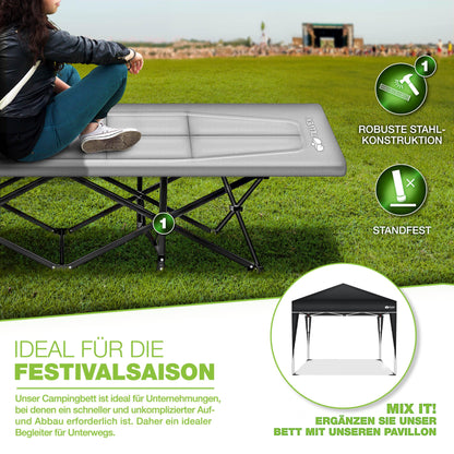 tillvex® Folding Camping Bed with Carry Bag, supports up to 200 kg. Extra wide sleeping cot for outdoor & indoor use. Perfect for camping, fishing, festivals, and travel. Foldable guest bed for the garden.