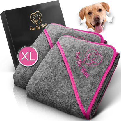 FeelTheWau Dog Towel extra absorbent - Dog towel for large and small dogs - SOFT AND CUDDLY - Dog towel - Gift for dog owners (2 pack 130x75cm, Gray/Pink)