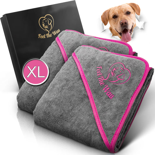 FeelTheWau Dog Towel extra absorbent - Dog towel for large and small dogs - SOFT AND CUDDLY - Dog towel - Gift for dog owners (2 pack 130x75cm, Gray/Pink)