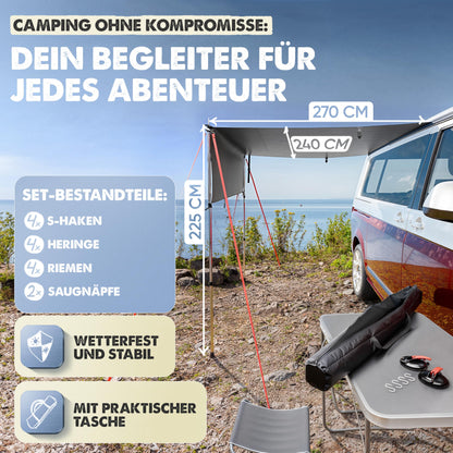 LAINFELD awning for car | 2.2 x 2.5 m sunshade with 3 x keder and 2 x telescopic pole | sunshade camping bus awning car camper keder