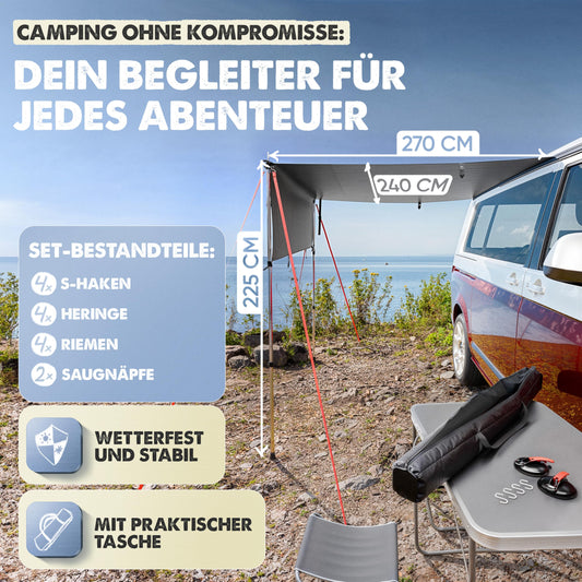 LAINFELD awning for car | 2.2 x 2.5 m sunshade with 3 x keder and 2 x telescopic pole | sunshade camping bus awning car camper keder
