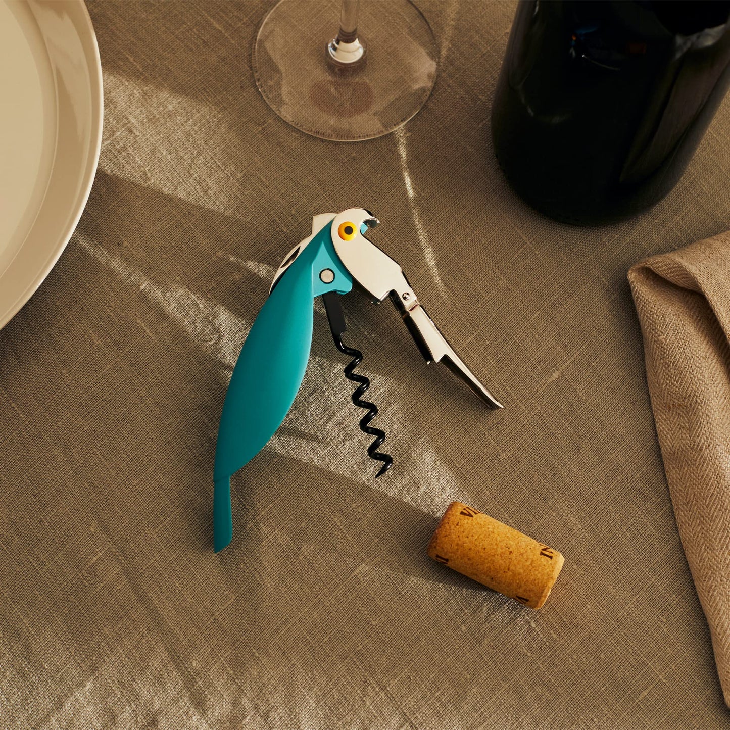 Alessi "Parrot" Sommelier corkscrew in die-cast aluminum and PC, blue, 30 x 8 x 12 cm.