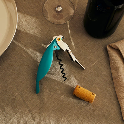 Alessi "Parrot" Sommelier corkscrew in die-cast aluminum and PC, blue, 30 x 8 x 12 cm.