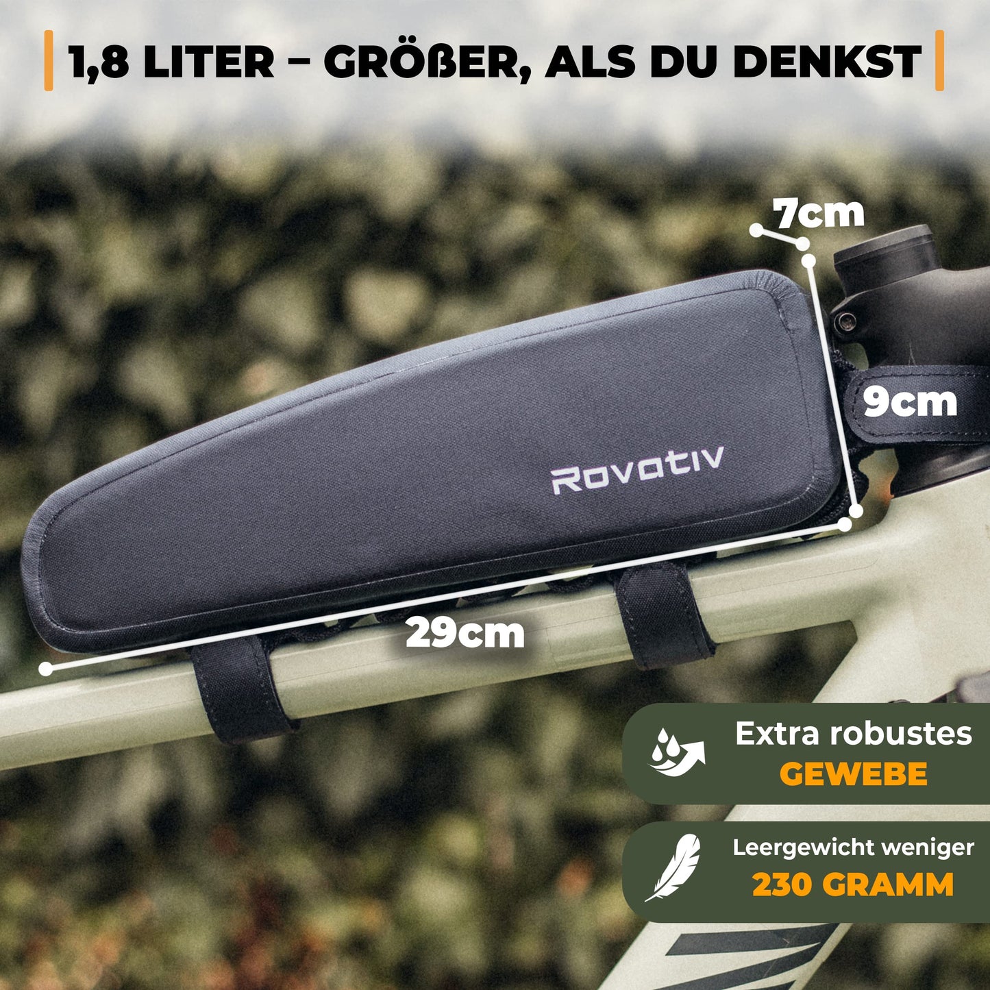 Rovativ® Bikepacking Top Tube Bag [1.8 Liters] 100% Waterproof - Extra Secure Mount - New Zipper - for Gravel bike, Road bike, MTB