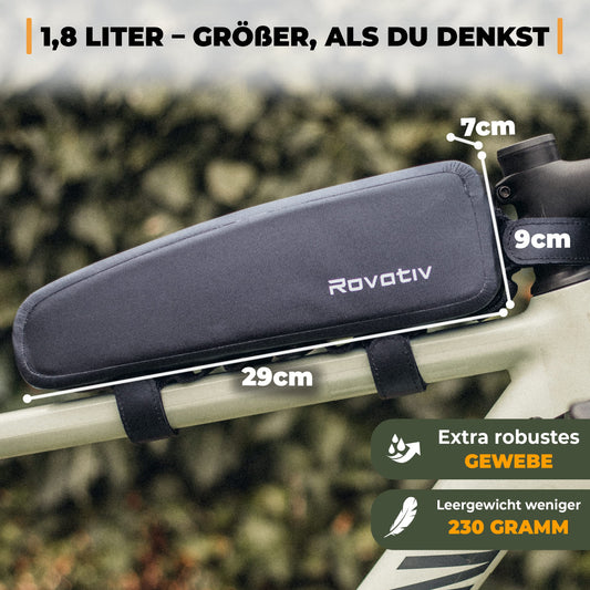 Rovativ® Bikepacking Top Tube Bag [1.8 Liters] 100% Waterproof - Extra Secure Mount - New Zipper - for Gravel bike, Road bike, MTB