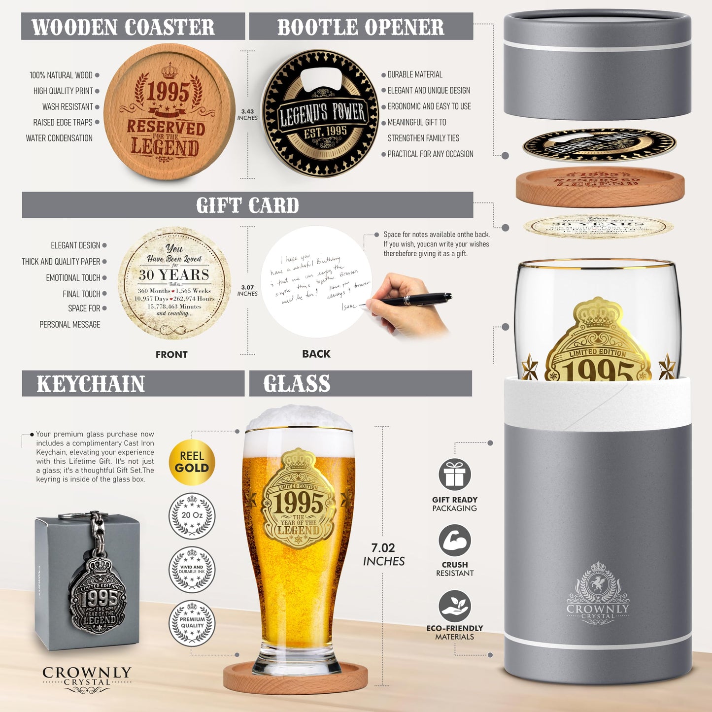 CROWNLY CRYSTAL® 1995 Gift 30th Birthday Man Beer Glass with Engraving 570 ml Personalized Gifts Decor 30th Birthday Man Card 30th Birthday Man Gift For Men Gift Friend