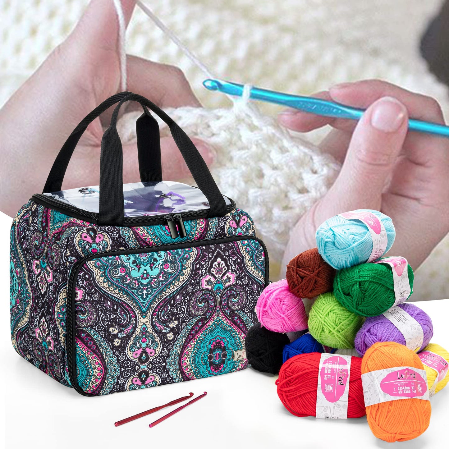 LoDrid Small Yarn Storage Bag, Portable Knitting Bag for Knitting Set & Crochet Accessories, Travel Crochet Yarn Project Organizer for Knitting Accessories Set for Adults, Totem (Bag Only)