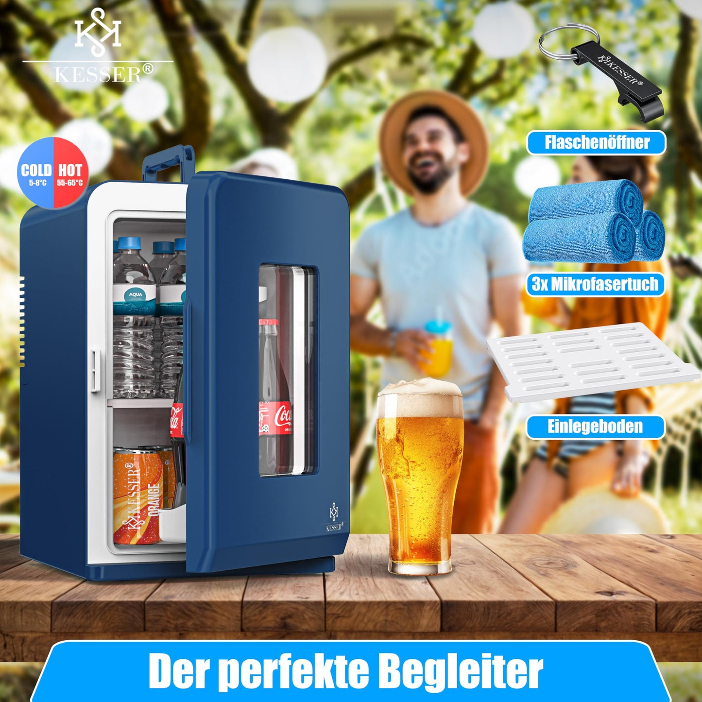 KESSER 2in1 Mini Fridge Cooler 15 liters with cooling and heating function. Portable with AC DC 220-240V/12V plug and car lighter. Keeps food warm. Perfect for car, office, room, camping, and garden in navy blue color.