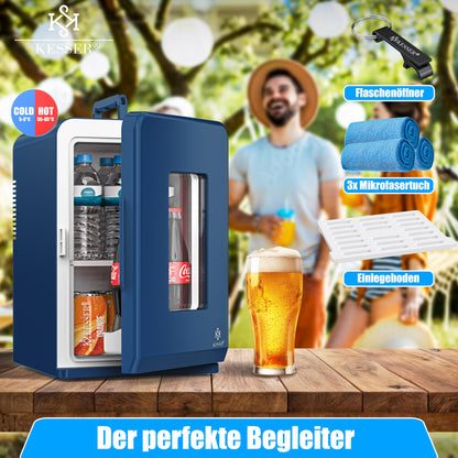 KESSER 2in1 Mini Fridge Cooler 15 liters with cooling and heating function. Portable with AC DC 220-240V/12V plug and car lighter. Keeps food warm. Perfect for car, office, room, camping, and garden in navy blue color.