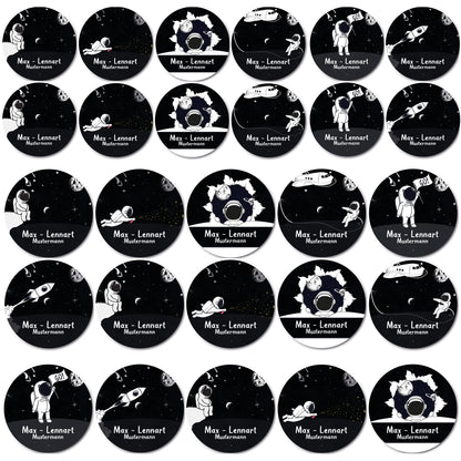 44 personalized round name stickers for school supplies. For children in school and kindergarten to label items (dimensions ?33-50) Astronaut