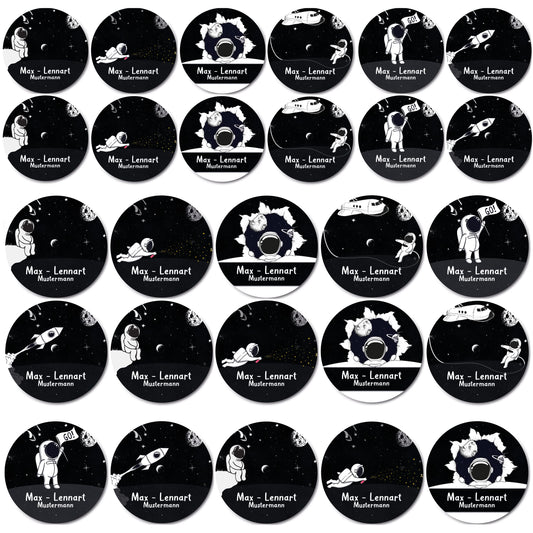 44 personalized round name stickers for school supplies. For children in school and kindergarten to label items (dimensions ?33-50) Astronaut