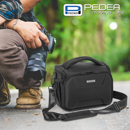 PEDEA DSLR camera bag "Guard" with screen protector for Canon EOS 5DS R M6 M100 100D G1X Mark III SX740 / Nikon Z6 D850 / Panasonic Lumix DC GH5 GX800 / Sony Alpha 6000 6500, Size L black.