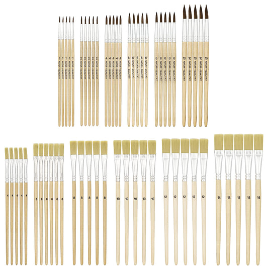 K3T 49411 Brush Set 12 pcs (bristle brushes sizes 4, 6, 8, 10, 12, and 14 - hair brushes sizes 1, 2, 4, 6, 8, and 10), natural, 12 different brushes.