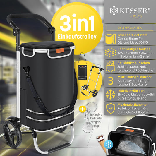KESSER® Folding shopping trolley with 56L capacity and loadable up to 50kg | 3in1 trolley hand truck & shoulder bag | Foldable shopping cart including cooler compartment & shopping chip | Stair climber black