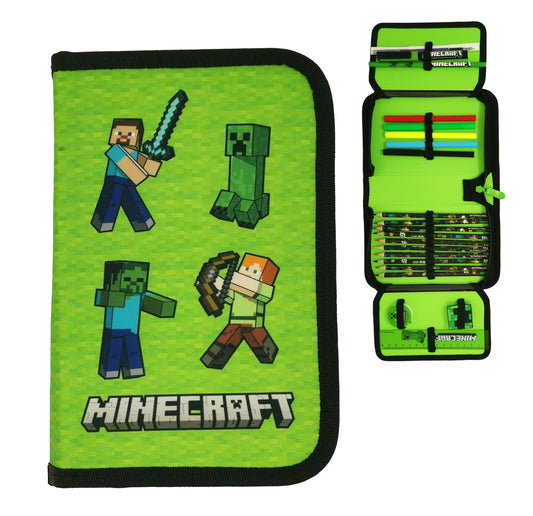 Minecraft pencil case for kids filled with stationery items. Great for school and organization. Available in Steve and Alex designs.