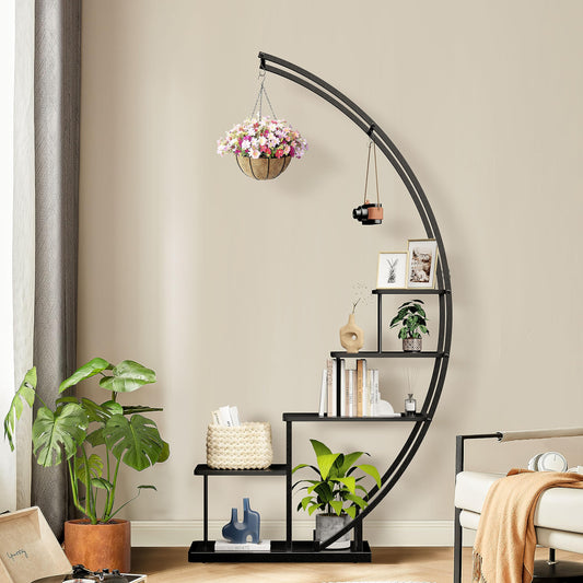 Rebel 5-tier metal plant stand in crescent shape 172cm, plant shelf with 5 shelves & hooks, tall flower stand plant ladder with anti-tip for balcony living room terrace (1 piece, black)