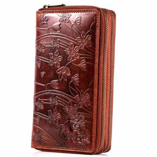 MATADOR Women's Large Leather Wallet #Madrid with elegant Gift Box, Stylish Women's Wallet Large with RFID Blocker, Luxury Women's Wallet with Many Card Slots in Floral Brown.