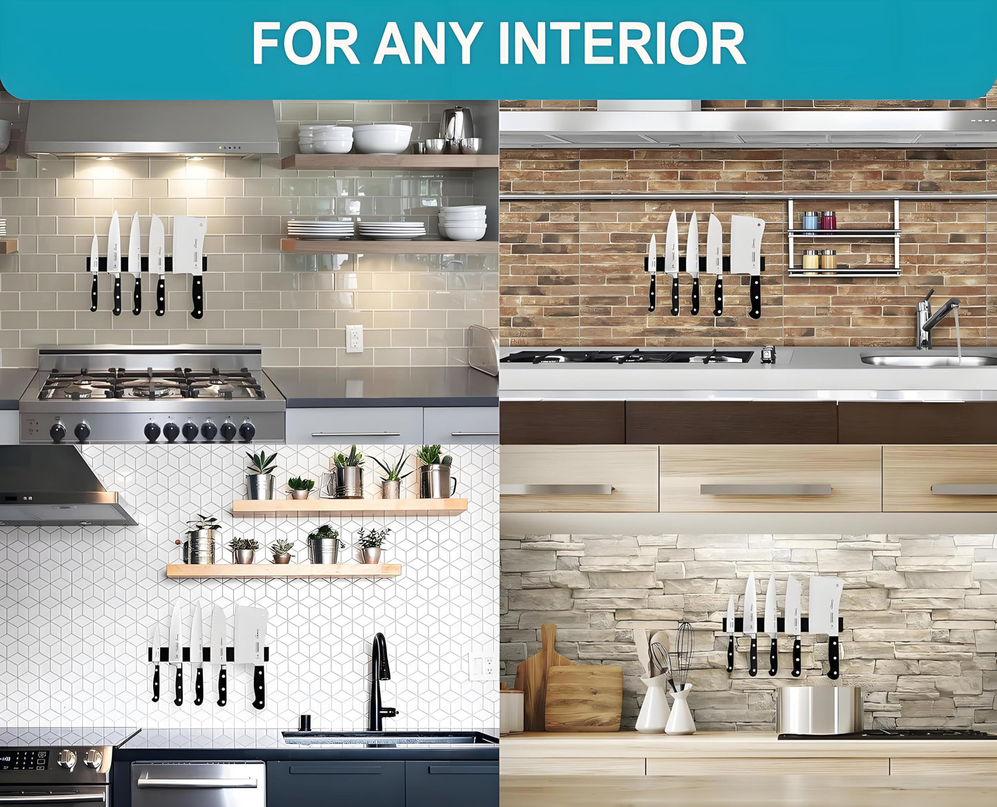 Trhillsbrad 16 inch Magnetic Knife Strip, Stainless Steel Knife Holder with 2 Hooks, Self Adhesive Black Magnetic Knife Rack, Wall Mounted Knife Holder without Drilling for Kitchen Knives.