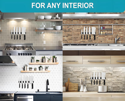 Trhillsbrad 16 inch Magnetic Knife Strip, Stainless Steel Knife Holder with 2 Hooks, Self Adhesive Black Magnetic Knife Rack, Wall Mounted Knife Holder without Drilling for Kitchen Knives.