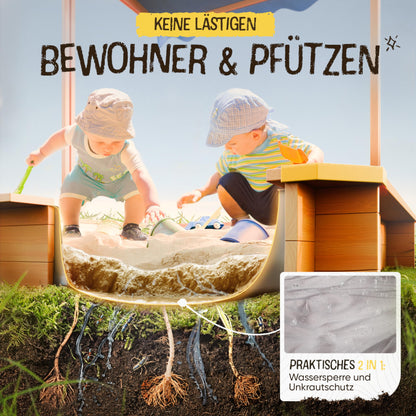 FRIEDO - Sandbox with roof (UV80+) & mud kitchen 120x120 cm - Sandbox includes weed and pest-proof ground fleece - Sandbox with wooden cover for children - suitable for outdoor and garden use.