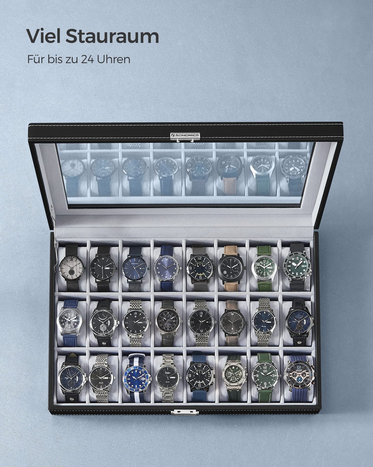 SONGMICS Watch Box, lockable watch case, storage organizer for watches, with 24 compartments, glass lid, gift for loved ones, black JWB024