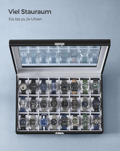 SONGMICS Watch Box, lockable watch case, storage organizer for watches, with 24 compartments, glass lid, gift for loved ones, black JWB024