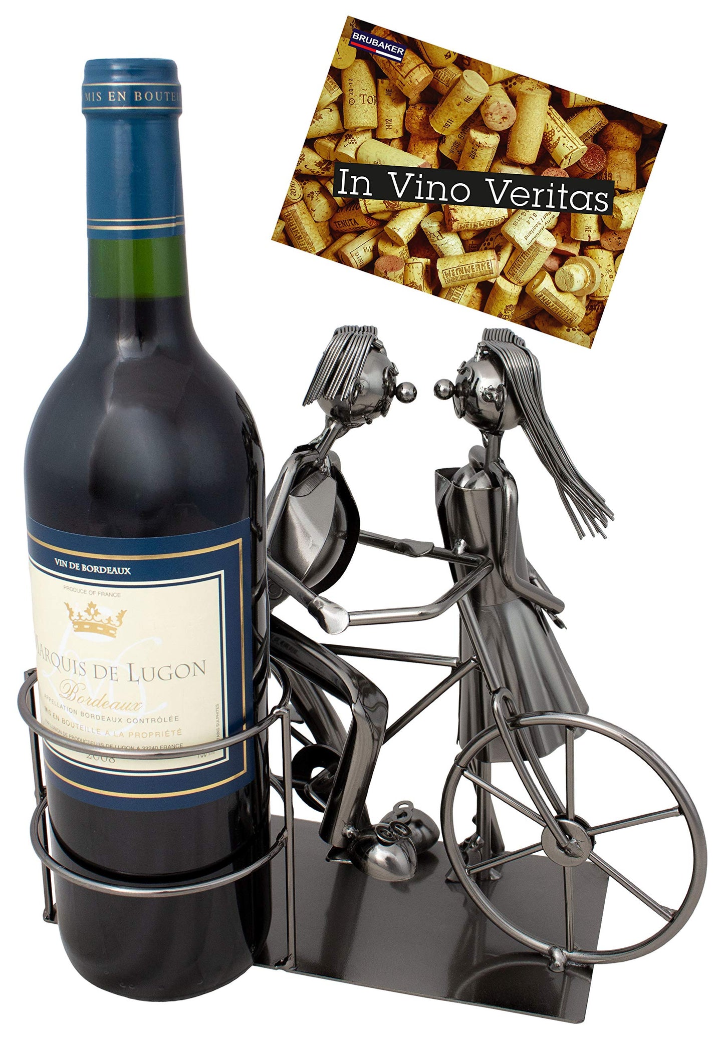 BRUBAKER wine bottle holder pair with bicycle decorations, metal bottle stand with greeting card for wine gift.