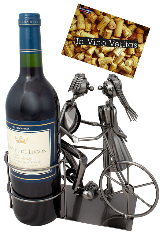 BRUBAKER wine bottle holder pair with bicycle decorations, metal bottle stand with greeting card for wine gift.