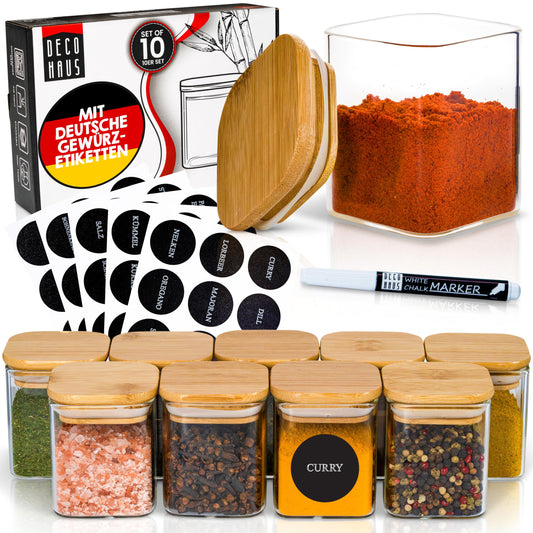 Deco House® square airtight spice jars with wooden lids 10-piece set [+labels] - Glass spice jar set - Spice containers spice jars set - Spice storage - Containers - Spice storage