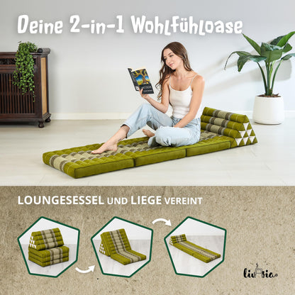 LivAsia Thai Triangle Pillow with 3 foldout cushions - 175x50x8cm - Kapok Triangular Cushion with Foldable Mattress, Backrest Pillow, Thai Mat for Folding, Handmade Meditation Pillow (Green)