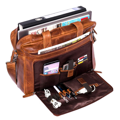ALMADIH leather laptop bag briefcase BRUNO deluxe - premium business bag shoulder bag men's messenger work bag shoulder bag document suitcase loop brown (BRUNO antique)