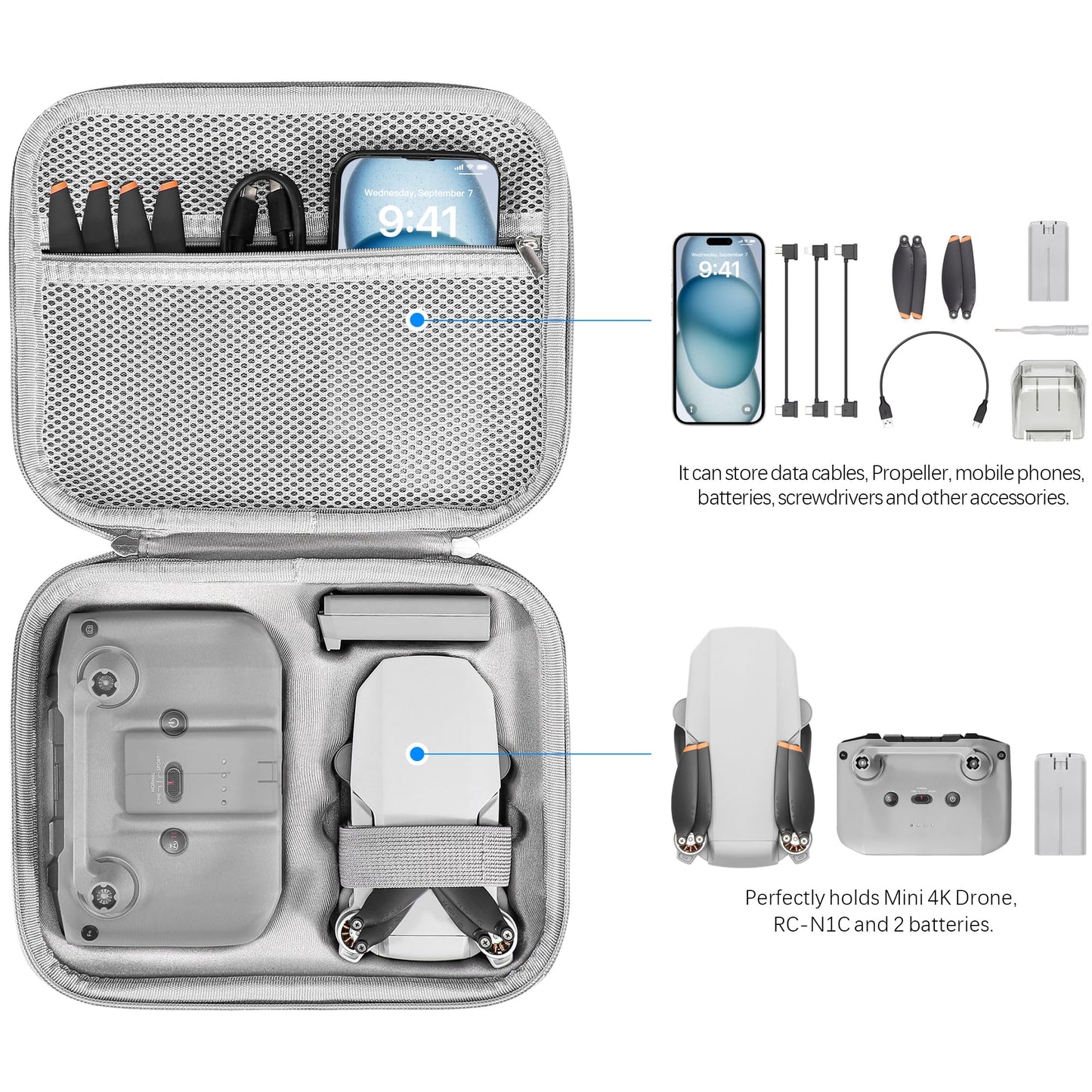 FPVtosky Mini 4K Bag Compact Case for DJI Mini 2 SE/4K Drone Accessories With Controller, Propeller Holder, and Protection, Gray