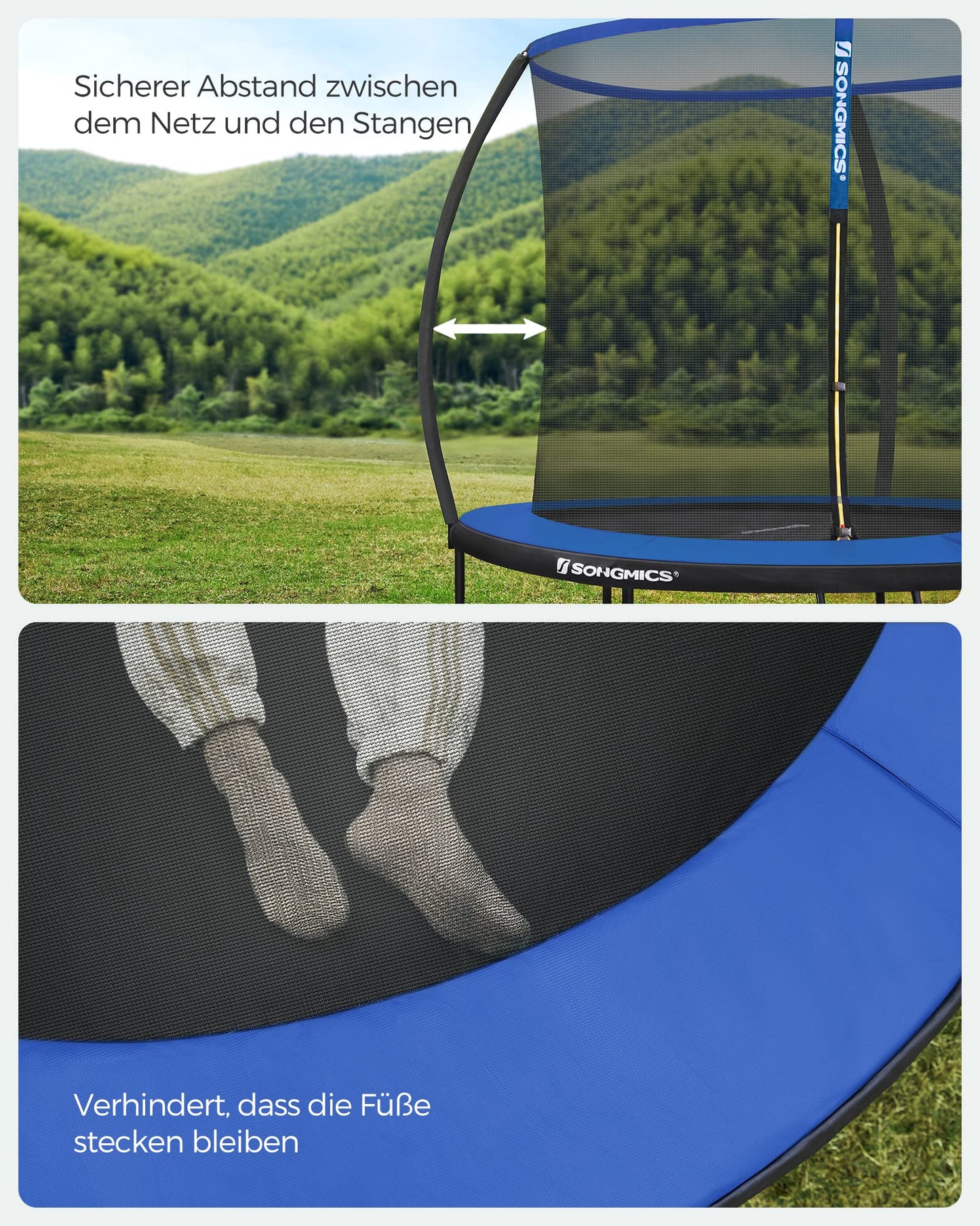 SONGMICS 244 cm dia. Trampoline, garden trampoline for kids with safety net, 180 cm tall curved poles, padding, ladder, steel frame, black-blue STR8BK.