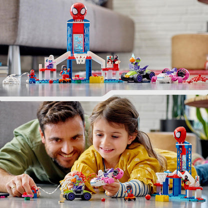 LEGO 10784 Marvel Spidey and His Super Friends Spider-Man's Headquarters, buildable toy with 2-in-1 car and plane, and 5 minifigures including Miles Morales, gift for kids.