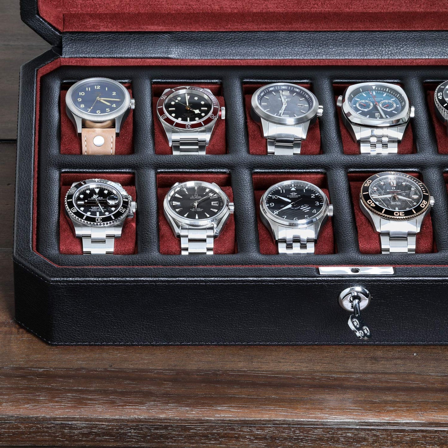 ROTHWELL 12 Slot Leather Watch Box - Luxury Watch Case Display Organizer, Men's Storage Boxes Holder Large Glass Top (Black/Red)