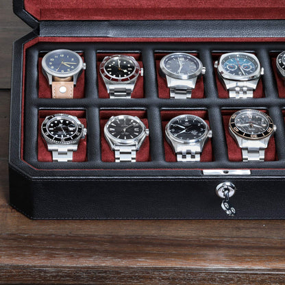 ROTHWELL 12 Slot Leather Watch Box - Luxury Watch Case Display Organizer, Men's Storage Boxes Holder Large Glass Top (Black/Red)