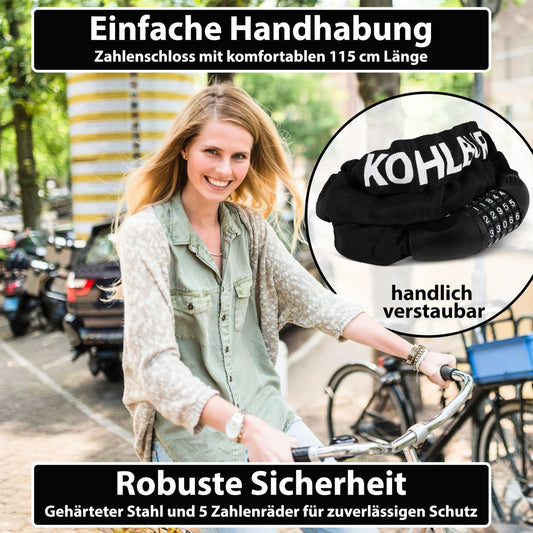 KOHLBURG very long bike lock combination lock 115cm & 6mm strong steel - bike lock with code - chain lock with number combination for bike E-bike & e scooter - code bike lock