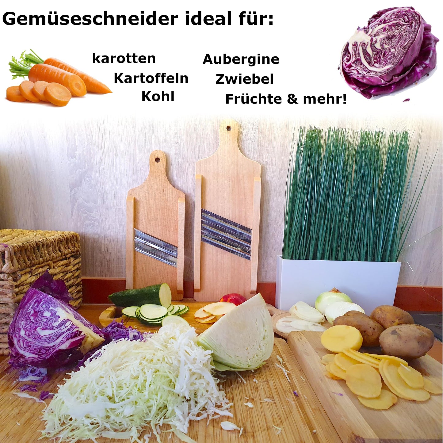 OSTENTO Cabbage Slicer | Mandoline Vegetable Slicer Wood - Cabbage Grater Cabbage Cutter Kraut Cutter Vegetable Slicer Sauerkraut Slicer Cucumber Slicer Potato Slicer - Made in EU (2 Blades)