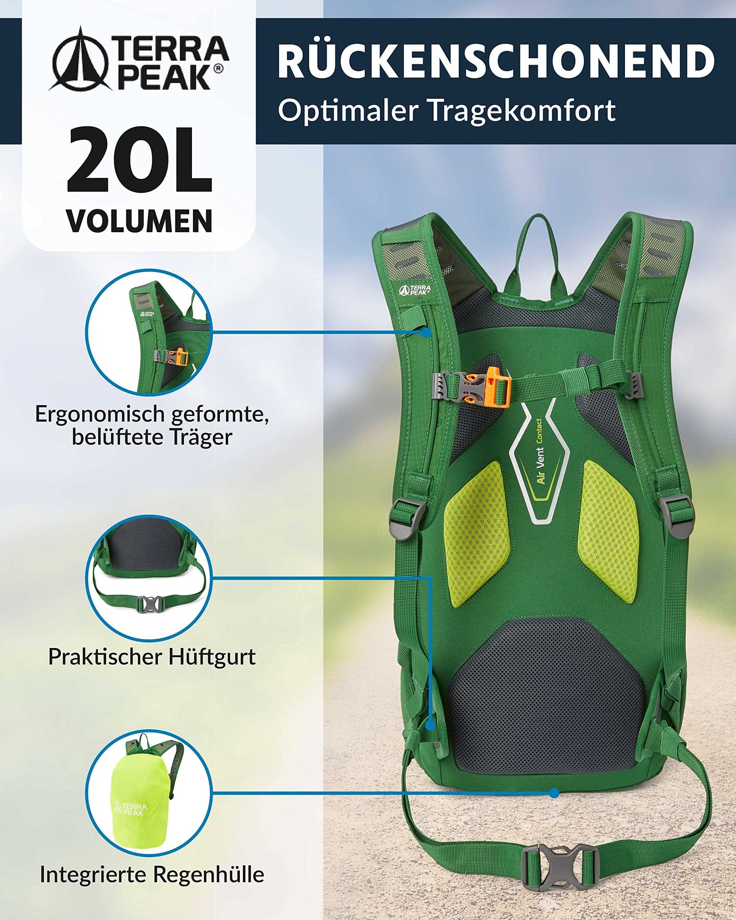 Terra Peak hiking backpack 20L for men and women in green - small and waterproof, perfect for trekking, biking, and outdoor sports. Includes hydration system and hip belt for travel and hiking adventures.