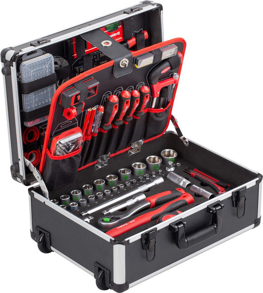 Master tool trolley 238-piece - tool set - telescopic handle / professional tool case filled / tool box on wheels / tool box complete, black/silver, 8971480.