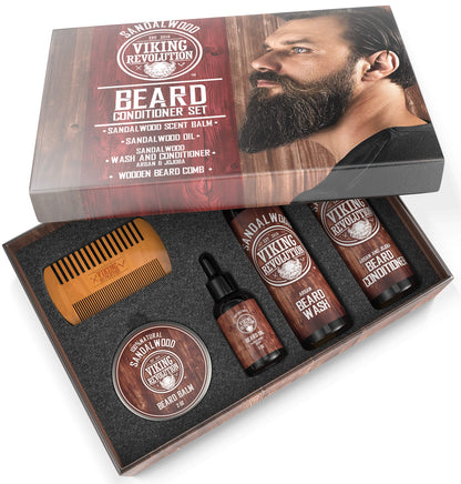 Viking Revolution - Beard Care Kit for Men - Conditioner Men Set Smooth & Relieve Beard Itch - Includes Beard Shampoo, Conditioner, Beard Oil, Beard Balm & Beard Comb Gifts For Men Sandalwood