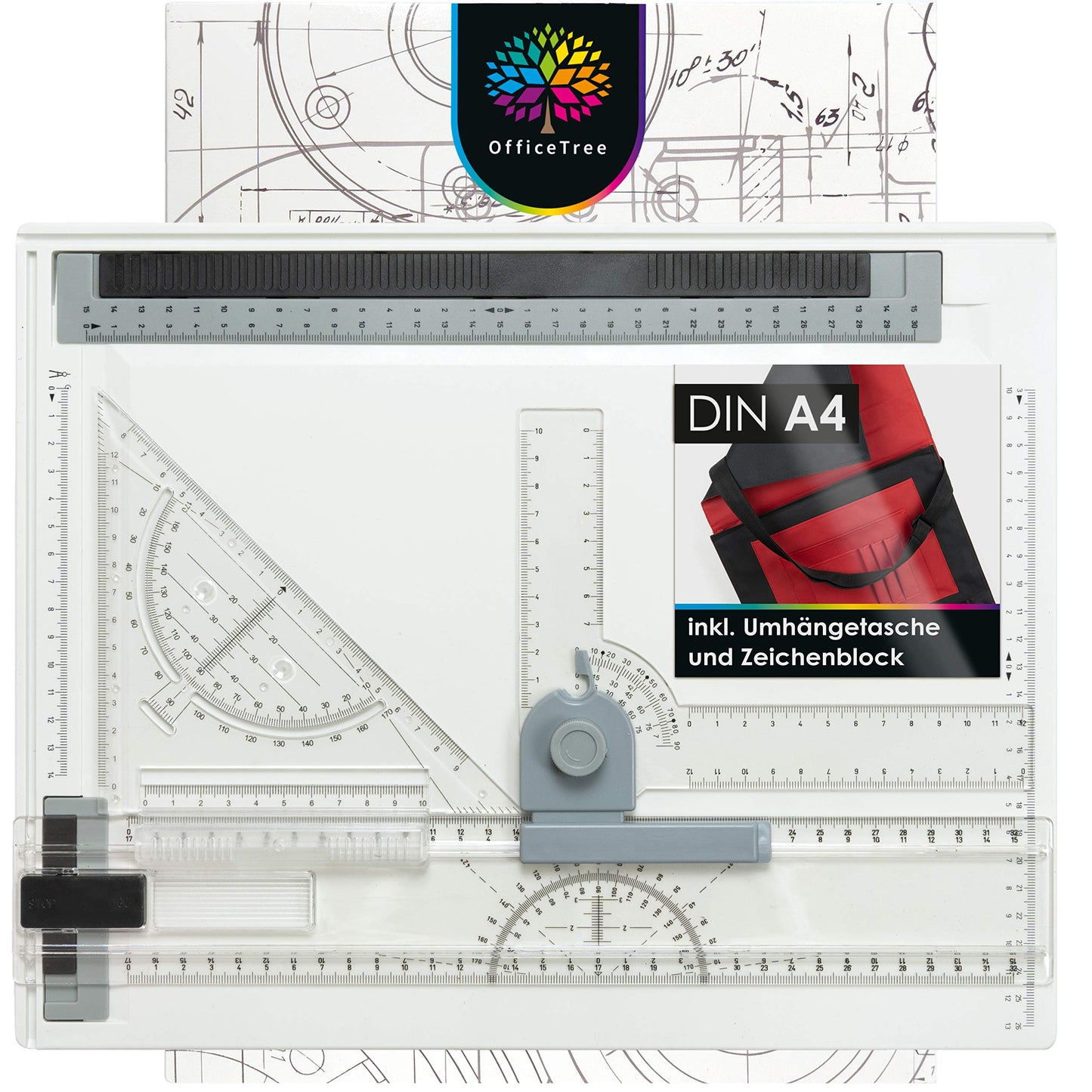 OfficeTree drawing board A4 - Includes carrying case, sliding ruler, set square, and more - A4 drawing board for precise work - DIN A4 drawing board, white