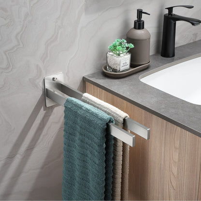 Dvocel Towel Rack Double Arm Towel Holder Wall Mounted for Bathroom and Kitchen 39CM 304 Stainless Steel Silver Towel Bar Drill Square Towel Rail