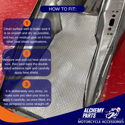 2 x self-adhesive heat shielding exhaust or engine aluminum reflective sheet 100cm x 33cm. Ideal for motorcycle fairings and cars.