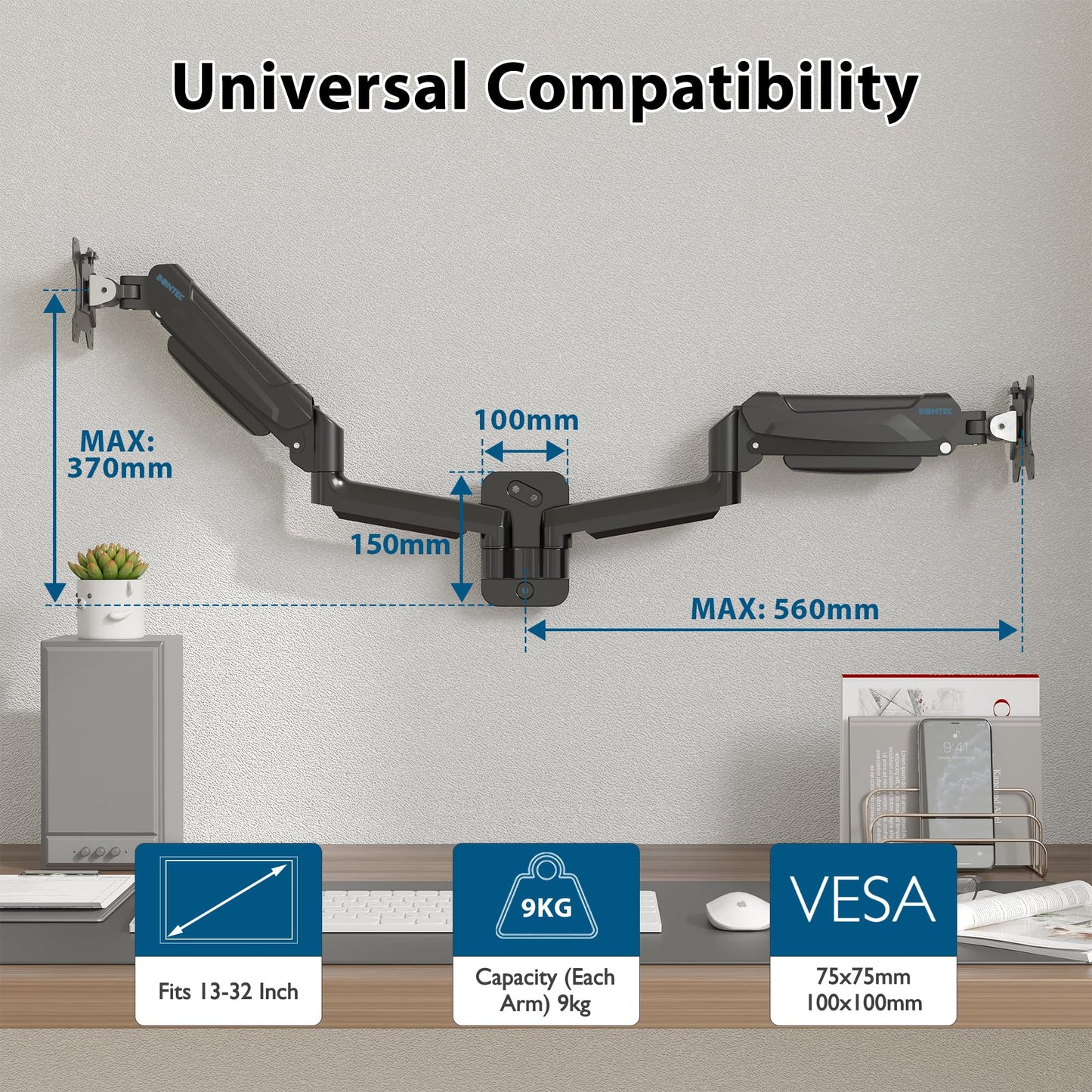 BONTEC Dual Monitor Wall Mount for 13-32 inch Screens, Height Adjustable, Swivel & Tilt, VESA 75x75/100x100, Up to 9 kg per Arm, Monitor Bracket for Office & Gaming, Gaming Accessory