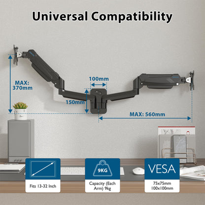 BONTEC Dual Monitor Wall Mount for 13-32 inch Screens, Height Adjustable, Swivel & Tilt, VESA 75x75/100x100, Up to 9 kg per Arm, Monitor Bracket for Office & Gaming, Gaming Accessory