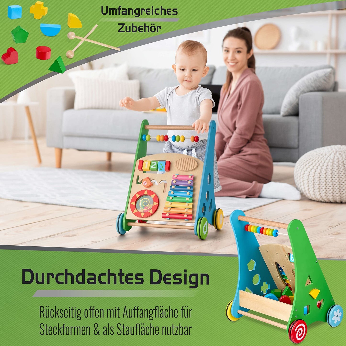 Balinco - Wooden Baby Walker 3-in-1 from 6 months - Walking aid with musical toys, learning functions & motor skills training - Walking aid with xylophone & shape sorting - Baby walker for girls & boys.