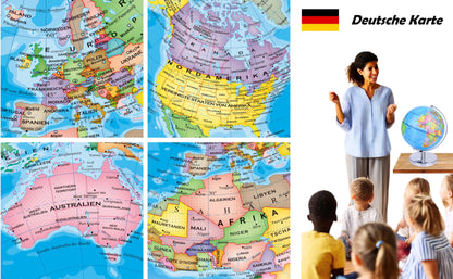 23cm illuminated globe with metal base - German map - student globe with cable-free LED lighting - political map (daytime) - constellation of stars (night)