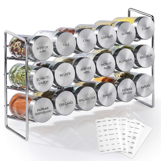 Vomeno® spice rack with 18 stainless steel jars - universal kitchen organizer including spice jars - high-quality spice stand/herb shelf in a set (empty)